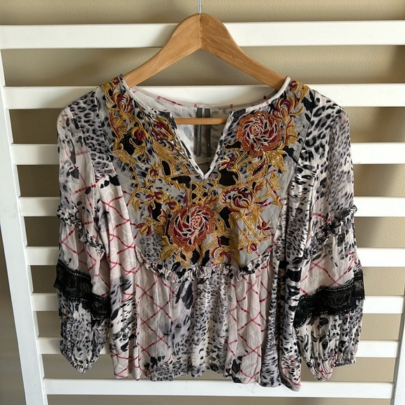 Anthropologie Tops - Anthropologie Mathilda Balloon Sleeve Mixed Print Blouse Size XSmall Floral Boho